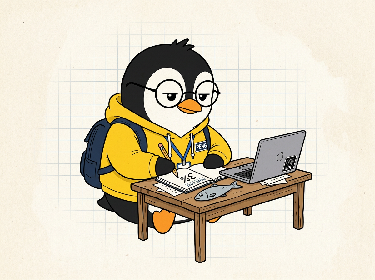 PENGI writing three percent in his salary notebook beside a herring