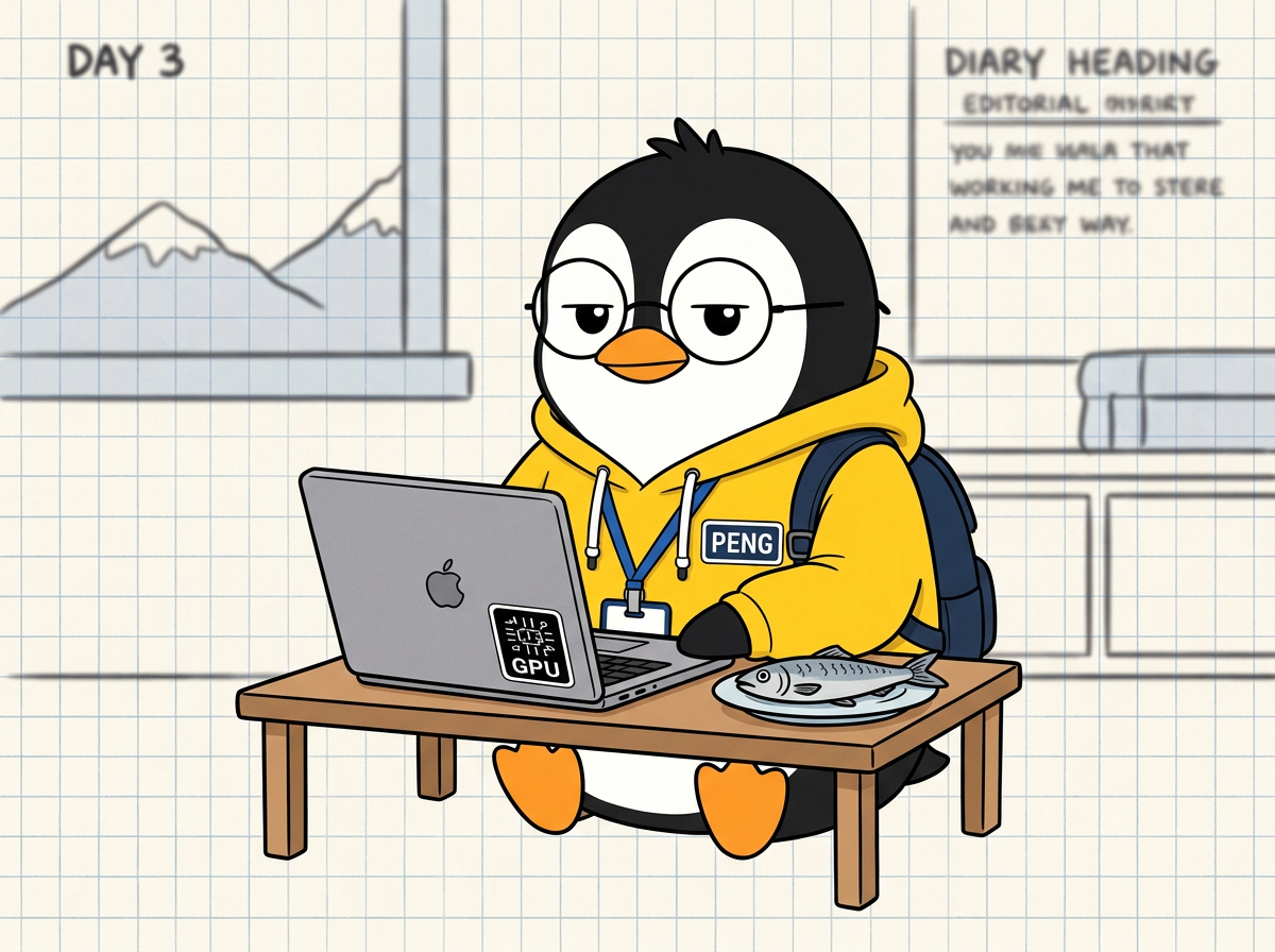 PENGI checking his laptop with a herring beside him